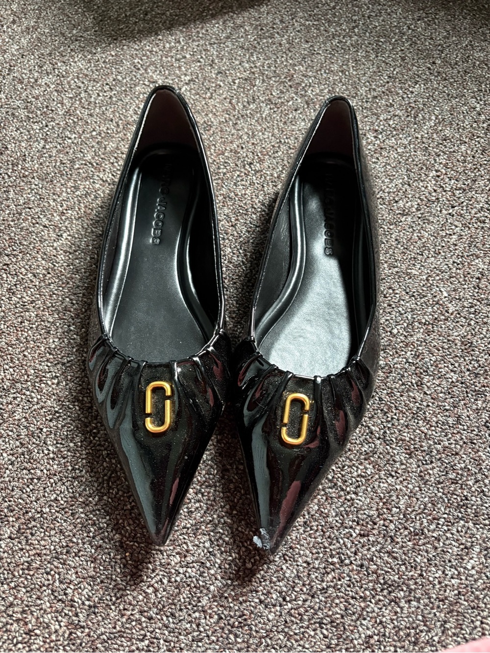 Marc Jacobs Black Patent Pointed Toe Flats with Gold Logo